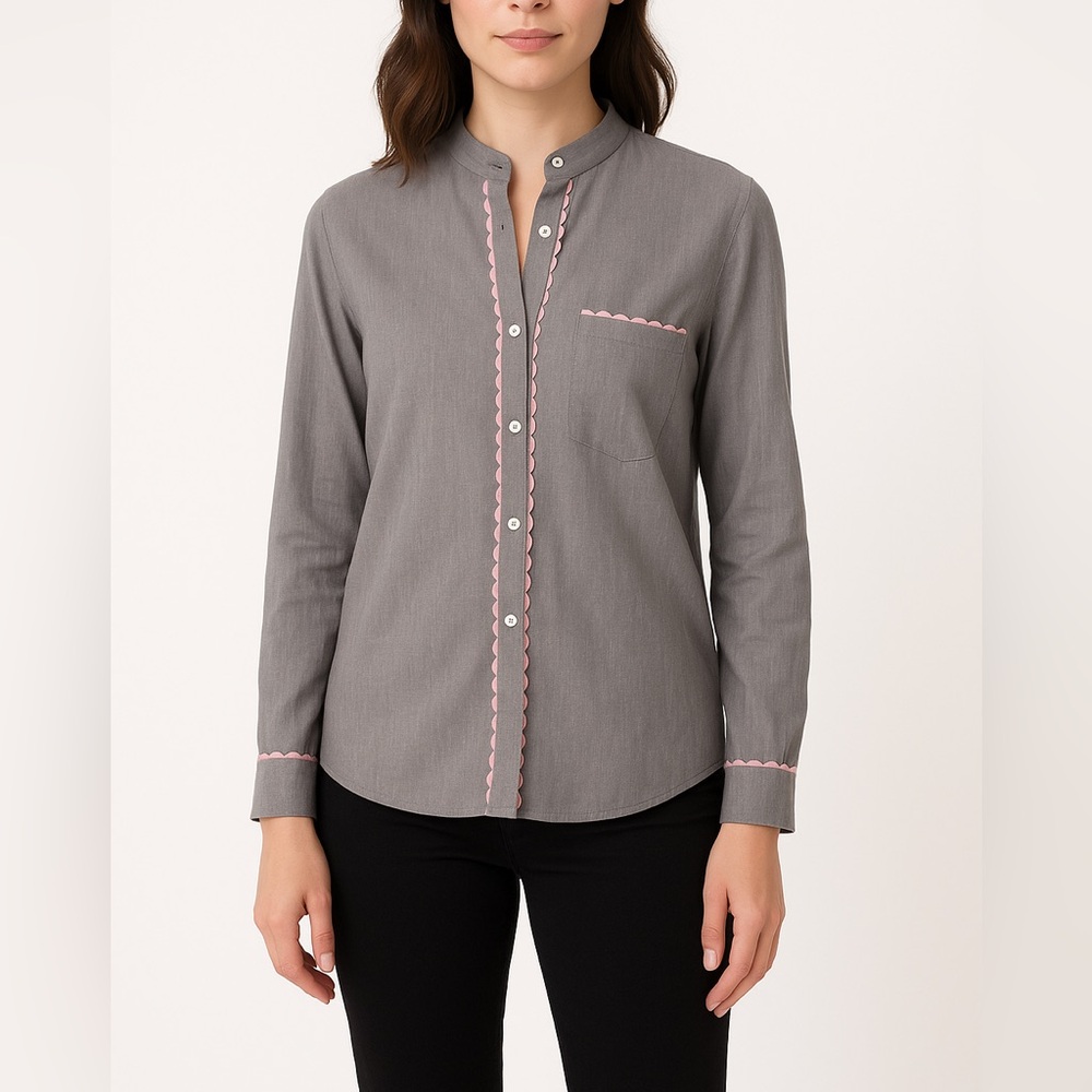 Rose and Rose 100% Cotton Straight Collar Pink Ribbon Trim Button Down Medium